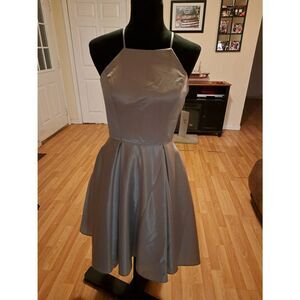 New Poly USA Neblon Silver Spaghetti Strap Fit Flare Formal Dress Size Medium